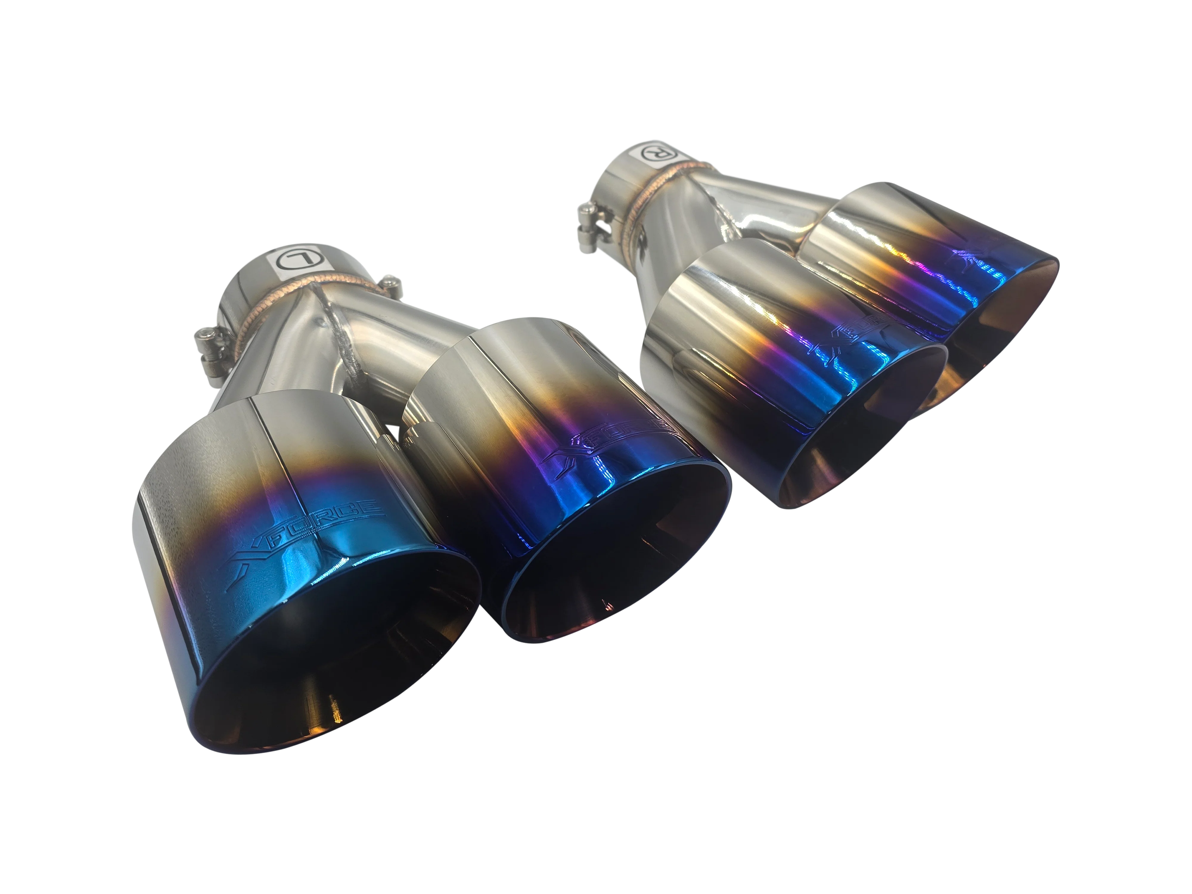 Twin 4Inch Round Burnt Blue Angle Cut Tip with 2.5Inch Inlet